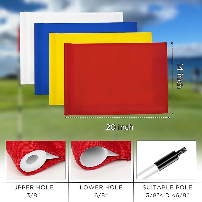 KINGTOP Golf Flag 20x14 Inch - Mixed Color, 420D Nylon, Tube Inserted - Standard Putting Green Flags for Backyard Practice, Golf Courses, Country Club, 4-Pack