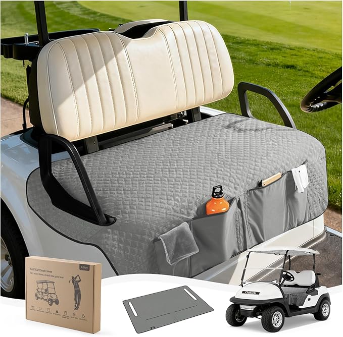 Golf Cart Seat Covers,Golf Cart Seat Towel Blanket with 4 Front Pockets & Nonskid Bottom Fits for Club Car and More 2 Person Seats Golf Carts (Charcoal Gray, Club Car)