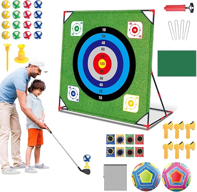 Golf Chipping Game with Stand - 4 in 1 Battle Golf Game with 16 Sticky Balls, Putting Mat, 8 Bean Bags, 2 Soccer Balls, 6 Axes, Indoor Outdoor Yard Games for Chipping Practice for Dads Golfers