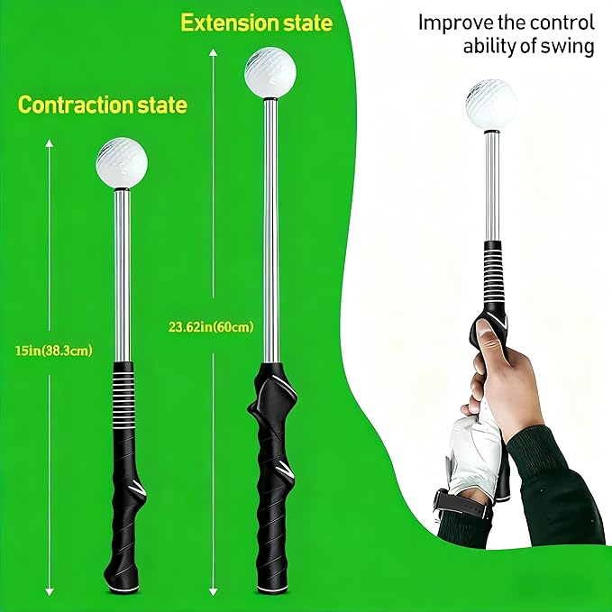 Retractable Golf Swing Training Aid,Right-Handed Golf Swing Trainer, Golf Grip Trainer with Click Feedback, Golf Stick for Practice Correction Indoor Outdoor Hitting (Black, Right-Handed)