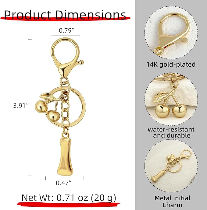 Gold Bubble Heart, Cherry, Bow & More Designs Letter Initial Keychain Bag Charms – Cute Purse Charms for Handbags