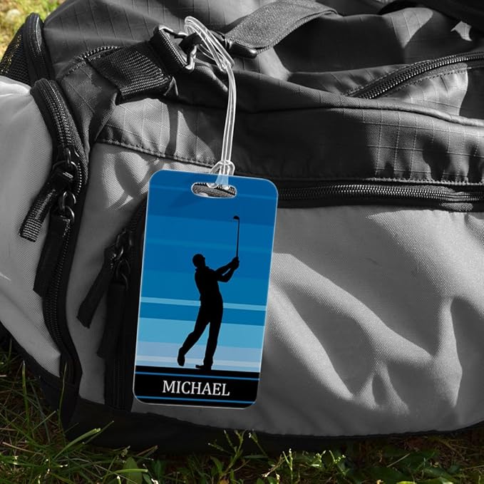 ChalkTalkSPORTS Golf Luggage & Bag Tag | Personalized Male Golfer | Standard Lines on Back | Large | Blue