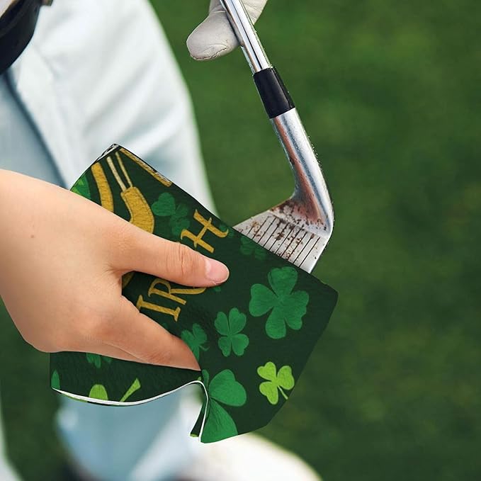 Irish Green Golf Towel with Carabiner Clip 24"x16" Lucky Leaf Floral Golf Towels for Golf Bags Microfiber Waffle Shamrock Golf Rag for Disc Balls Clubs Golfs Accessories for Men Women Dad