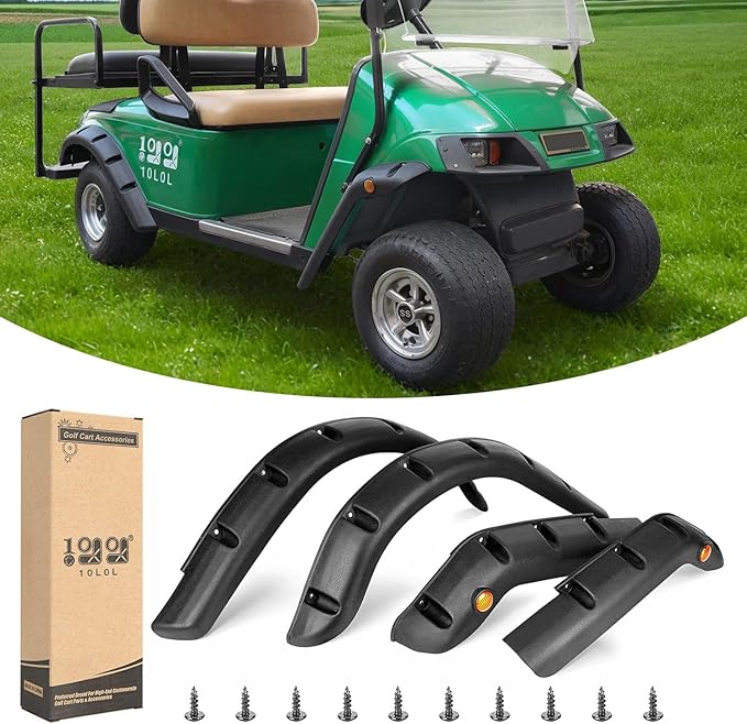 10L0L 4PCS Golf Cart Fender Flares for Yamaha G29, EZGO TXT/RXV, Club Car DS/Precedent - Heavy Duty ABS Plastic Mud Guards with Reflectors & Stainless Steel Hardware