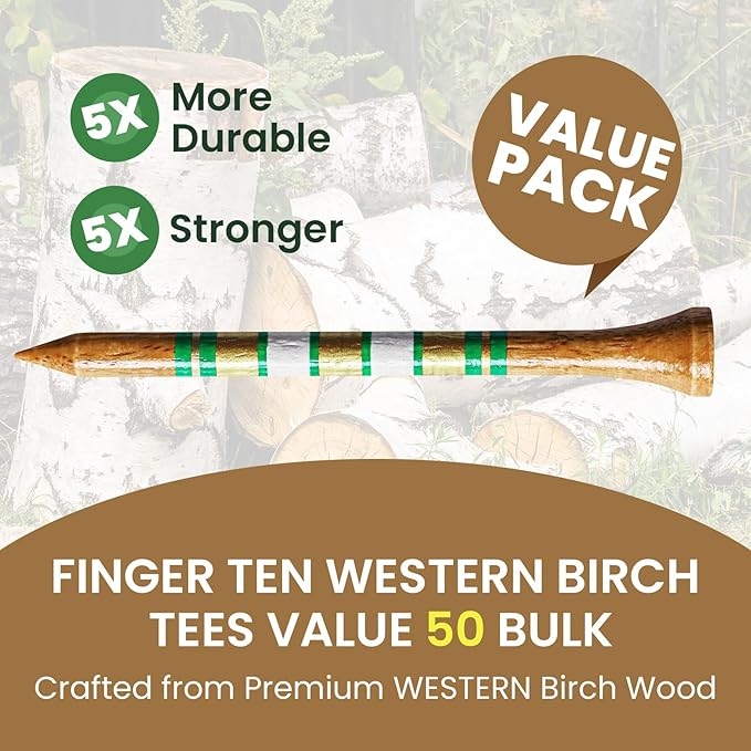 Amy Sport Golf Tees Western Birch Wood 5X More Durable 5X Stronger Value 50 Pack 1 1/2 2 3/4 3 1/4 Inch, Reduce Friction Wooden Long-Lasting, Spin Tall Sturdy Base for Stability