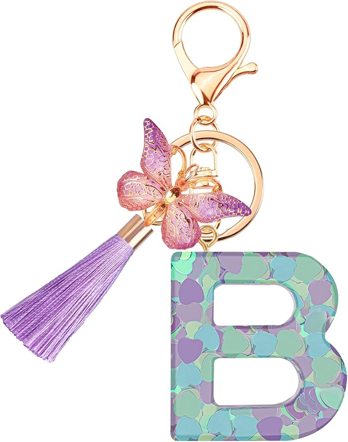 Suweibuke Colourful Cute Initial Letter Keychains for Women Girls with Tassel Butterfly, Charm for Purse Handbags Backpacks