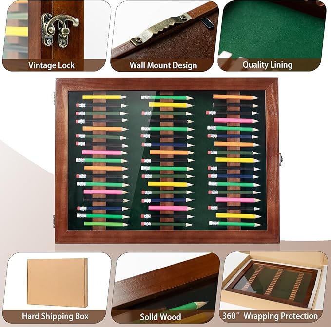 Golf Pencil Display Case Holds 51 Round or Octagonal Golf Pencils Wood Wall Mount Clear Display Case with Acrylic Dust UV Cover