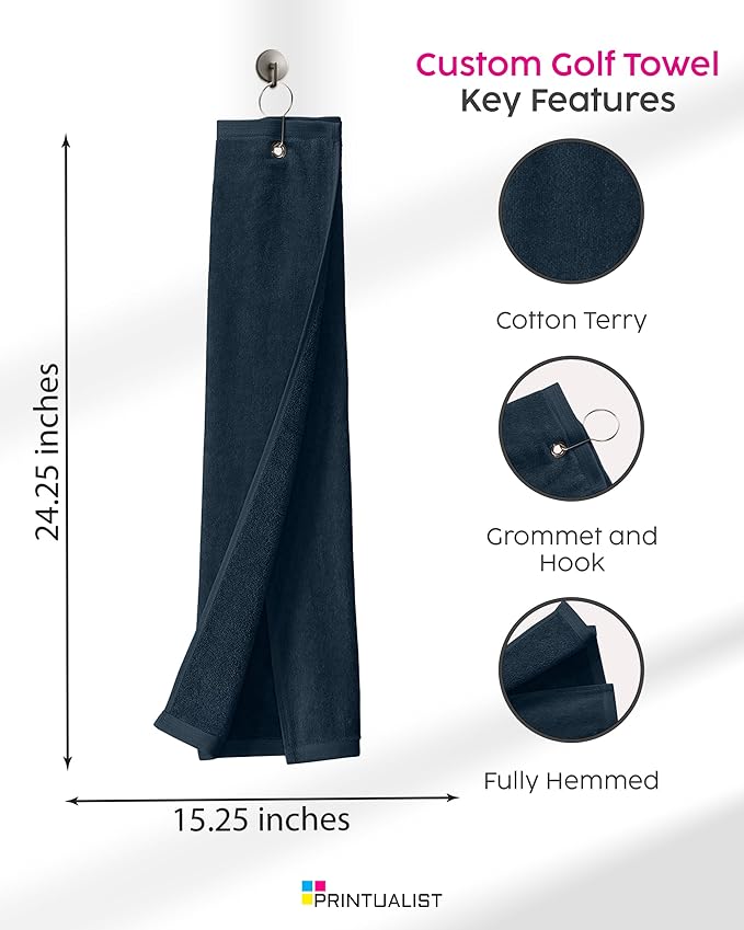 Custom Golf Towel for Golf Bags, Balls - Add Your Embroidered Name - Personalized Trifold Golf Bag Towels with Clip, for Men and Women
