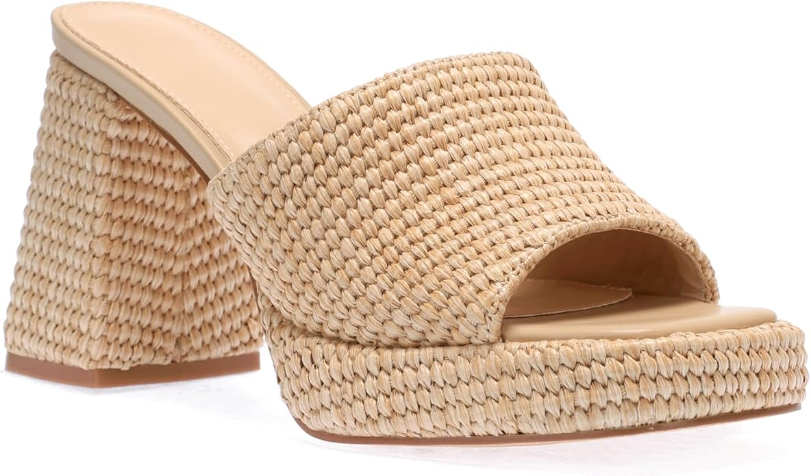 Monrovia Womens Sandals Heels for Women Slide On Block Chunky Platform High Heels Open Toe Raffia Wedge Sandals