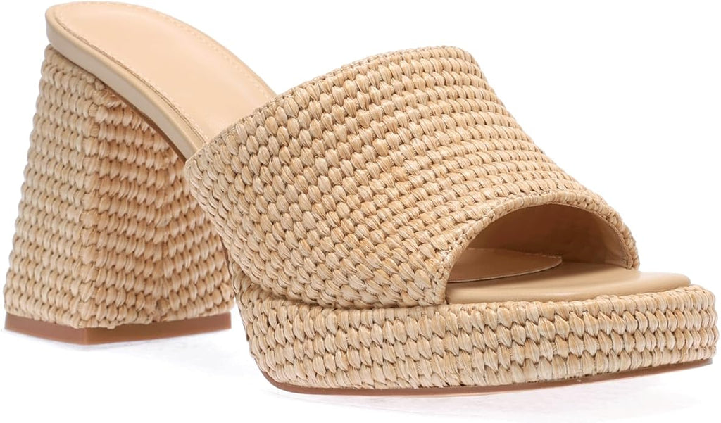 Monrovia Womens Sandals Heels for Women Slide On Block Chunky Platform High Heels Open Toe Raffia Wedge Sandals