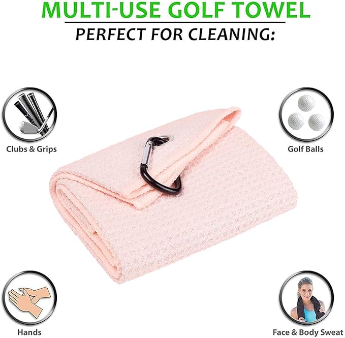 Golf Towels, Microfiber Waffle Pattern Tri-fold Golf Towel - Brush Tool Kit with Club Groove Cleaner, with Clip Men Women Golf Gifts (Pink Towel+Black Brush)