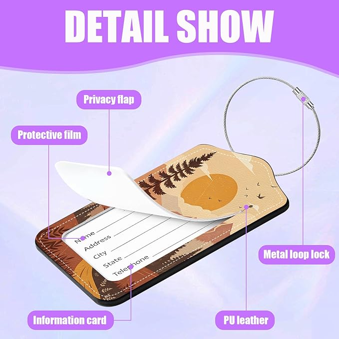 3 Pack Mountain Tree Luggage Tags for Suitcase Sunset Landscape PU Leather Travel Luggage Tag Privacy Cover ID Label for Women Men Baggage Backpack Handbag School Bag