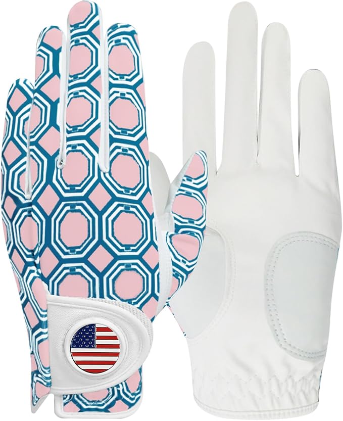 Amy Sport Womens Golf Glove with Ball Marker Rain Left Right Hand Leather Printed Pack, Ladies Golf Gloves All Weather Grip Breathable Soft Size Small Medium Large XL