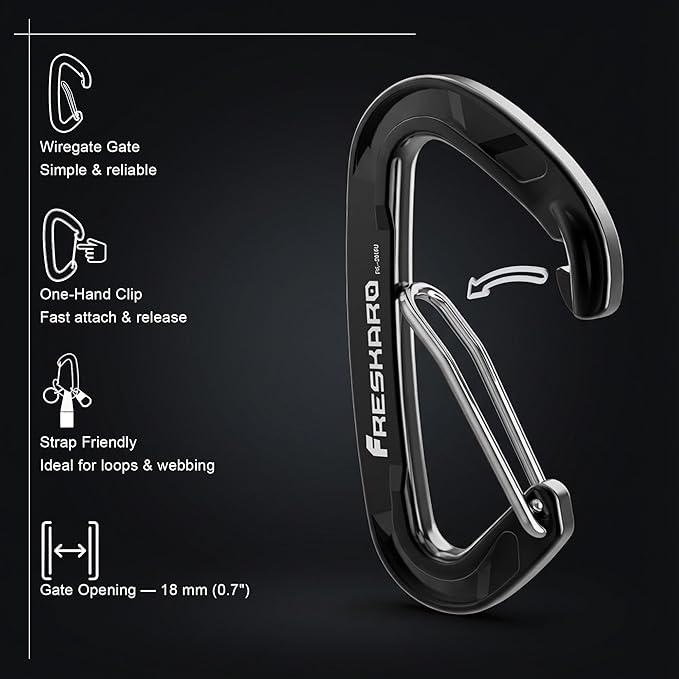 FresKaro 15kN-3372lbs Heavy Duty Wiregate Carabiners, Reliable Time-Tested Stainless Steel Spring Gate, for Camping, Hiking, Hammocks, Backpacking, Dog Leash etc., 3.15inch