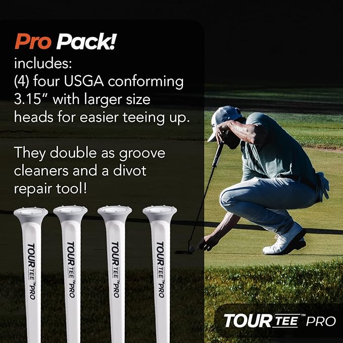 CMCDESIGN Tour Tee Pro Pack - Frictionless Golf Tees for More Distance & Consistent Yards - Reusable, Made with Recycled Plastic & Virtually Unbreakable - Four 3.15” Golf Tees with Standard Cup