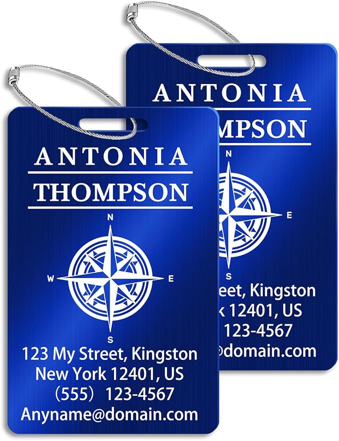 Custom Stainless Steel Luggage Tags (2 Pack) - Personalized Laser Engraved Luggage Tag, Waterproof Durable, for Bags, Backpack Travel, Suitcases (Blue)