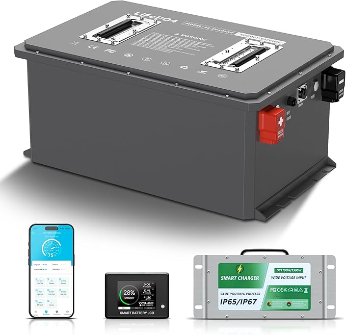 48V 105Ah Lithium Golf Cart Battery, 6000+ Cycles LiFePO4 Battery with 20A Charger, Built-in 250A BMS, 5.37kWh Capacity, Touch Monitor & APP, Peak Current 1000A(3-5s), Low-Temp Protection, Metal Case