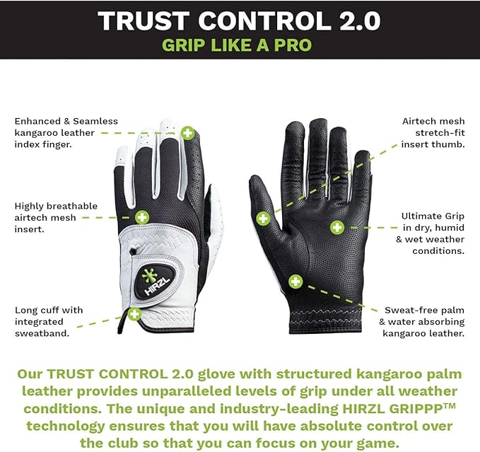 HIRZL Trust Control 2.0 Golf Gloves, All Weather Mens Golf Glove, White/Black, Kangaroo Leather Palm, Cabretta Leather Backhand, Trusted by Pro’s, Sweat Free, Ultimate Grip