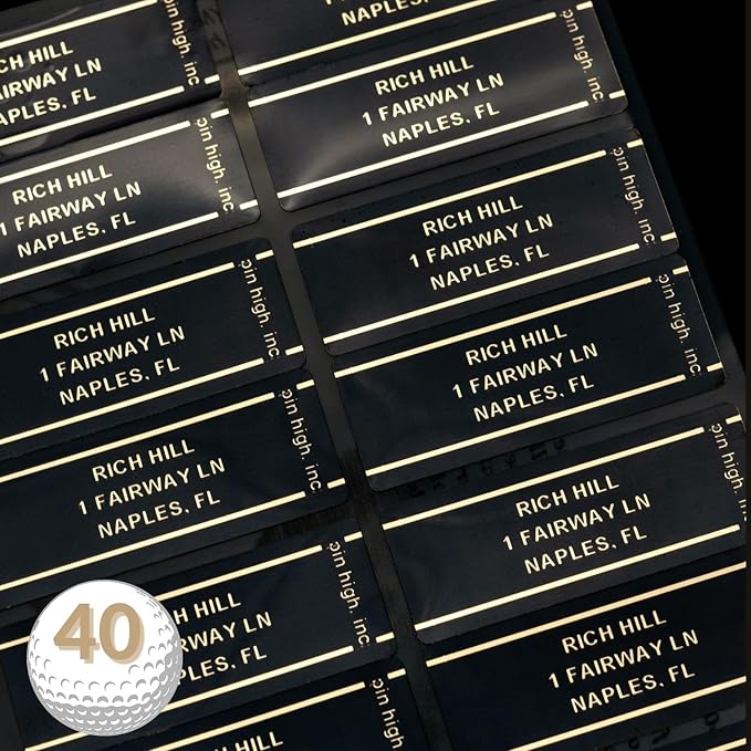 PIN HIGH: 40 Personalized Golf Club ID Labels | Weatherproof, Fade Resistant, Laminated Thermal Transfer Labels, Made in The USA, (Free Customization & Shipping), Black