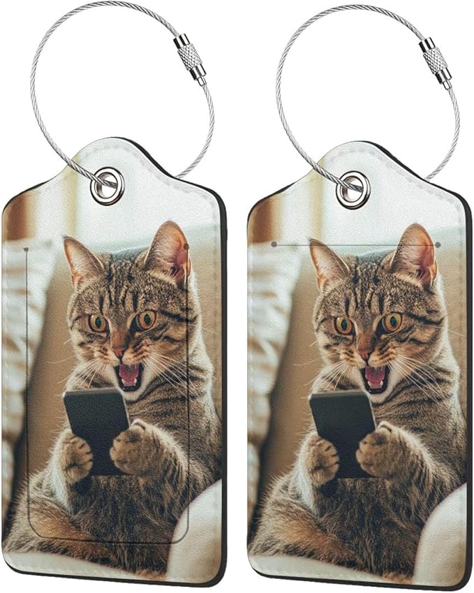 TSA Approved Luggage Tags for Suitcases Cat Phone 2 Pack Funny Leather Carnival Cruise Airport Cute Travel Name Tags Golf Bag tag Ships Essentials Privacy Cover ID Label for Women Men