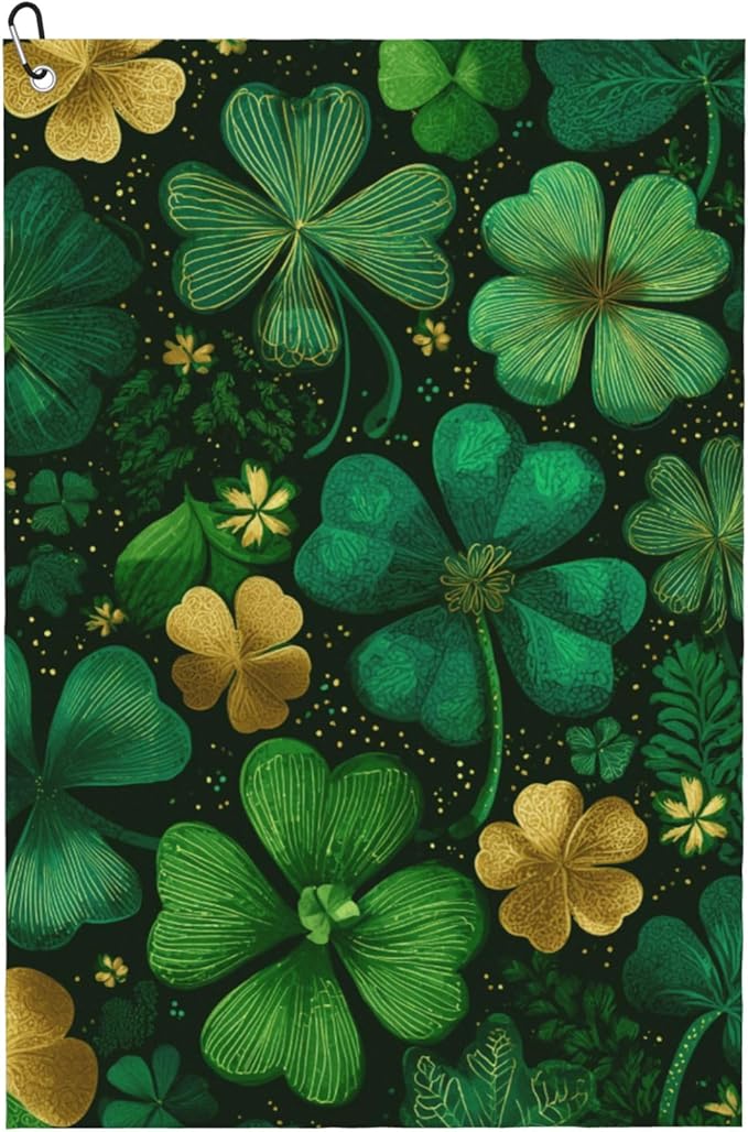 Green St Patricks Day Shamrock Golf Towel with Carabiner Clip 24"x16" Lucky Leaf Floral Golf Towels for Golf Bags Microfiber Waffle Golf Rag for Disc Balls Clubs Accessories for Men Women Dad