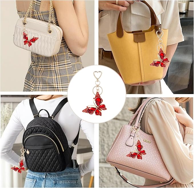 Weixiltc Charm Keychain for Women, Cute Heart Key Chain with Diamond Butterfly Pendant, Lovely Bag & Purse Keyring Accessory