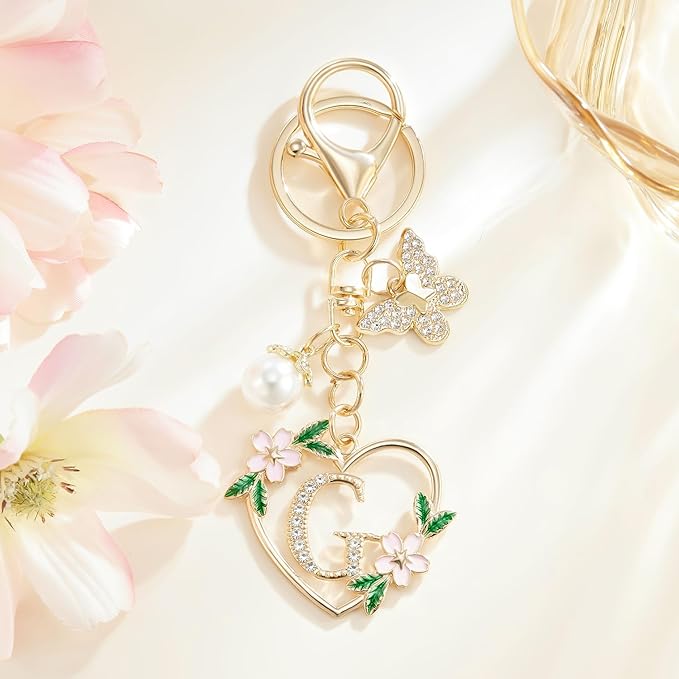 Gold Heart Initial Letter Keychain for Women Key chain Keyring for Purse Handbags Backpack Charm