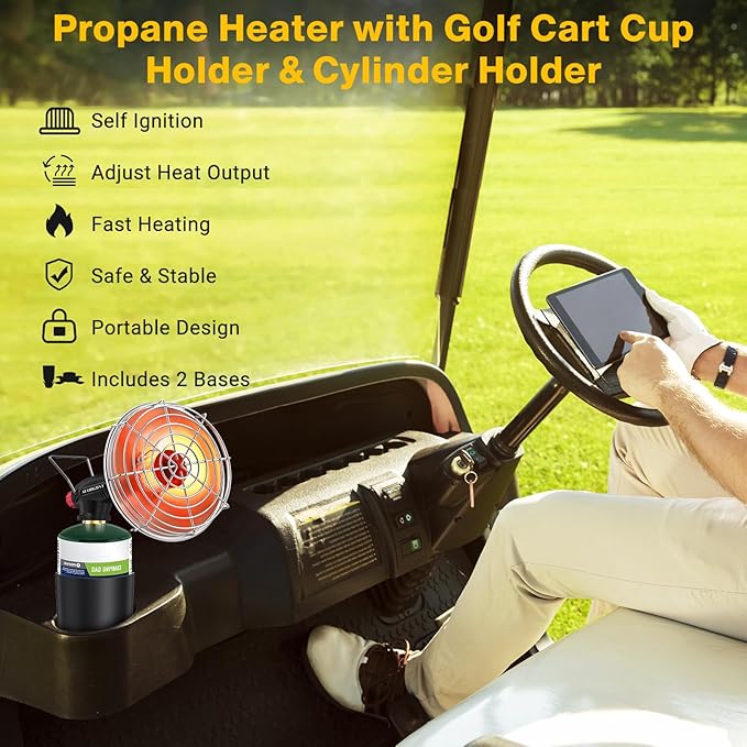 Golf Cart Heater,9200BTU Outdoor Propane Heater with 2-in-1 Golf Cart Cup Holder & Foldable Cylinder Holder for EZGO Yamaha Club Car,Most Golf Carts-Fuel Cylinder not included