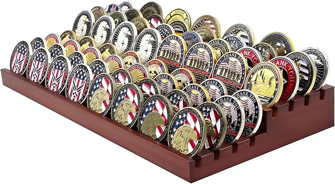 PiaoHao Solid Wood Challenge Coin Display Stand,Two-Tier Military Coins Display Holders Shelves,8 Row Wooden Army Collectible Coins Holder Case Holds 50-64 Coins