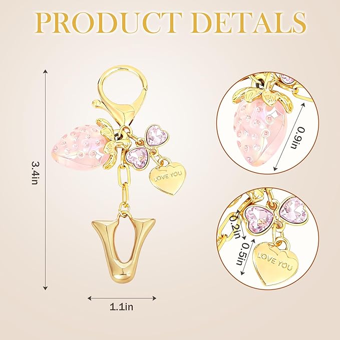 Snycler Bubble Initial Keychain with Strawberry & Bow- Gold Letter Bag Charms for Women, Cute Purse Handbag Accessories