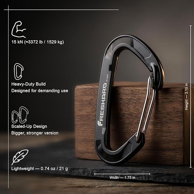 FresKaro 15kN-3372lbs Heavy Duty Wiregate Carabiners, Reliable Time-Tested Stainless Steel Spring Gate, for Camping, Hiking, Hammocks, Backpacking, Dog Leash etc., 3.15inch