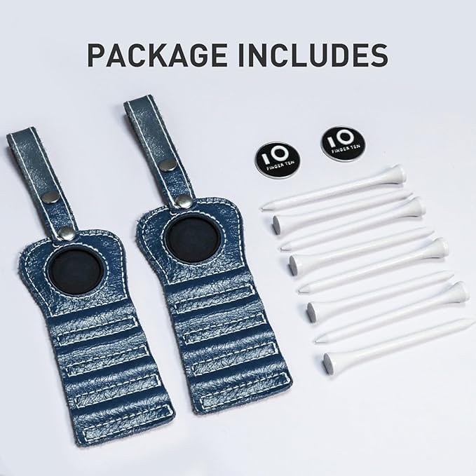 FINGER TEN Golf Tee Holder with Ball Marker and 4 Pcs Wood Tees Value 1/2 Pack, Luxury Leather Gift Hook to Golf Bag Belt Clip