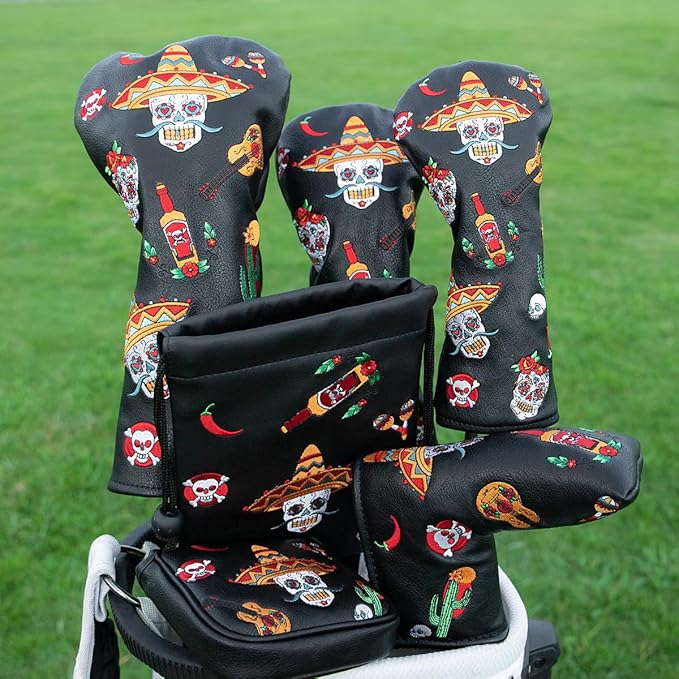 Golf Club Headcover for Drivers, Fairway Woods, Hybrids, and Mallet Blade Putter Sugar Skull Style Premium Leather Golf Headcovers Set with Interchangeable No. Tags