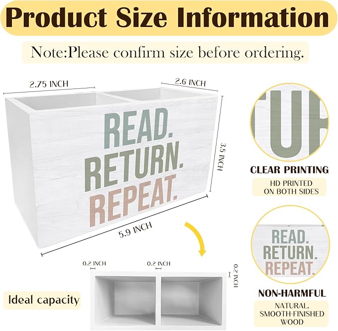 Boho Book Pen Holder for Desk, Book Lover Reader Librarian Gifts Pencil Organizer, Read Return Repeat Wooden Box Sign Desk Decor for Home Library Reading Room Classroom Decoration