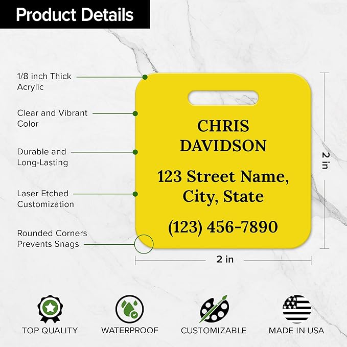 Custom Luggage Tags, Personalized Name Address for Suitcases,Backpack, Handbag, Travel Equipment Tag, 2x2 Inches, Acrylic Heavy Duty, Made in The USA by My Sign Center- Yellow