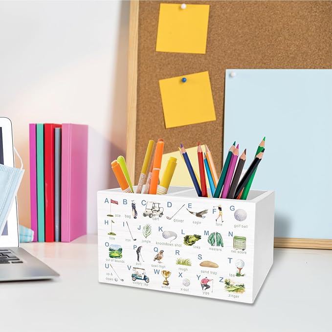 Golf Nursery Decor, Educational Golfing ABC Alphabet Pen Pencil Holder for Desk, Golf Lover Gifts Wooden Box Sign Desk Decor for Kids Room Nursery Playroom Classroom Decoration