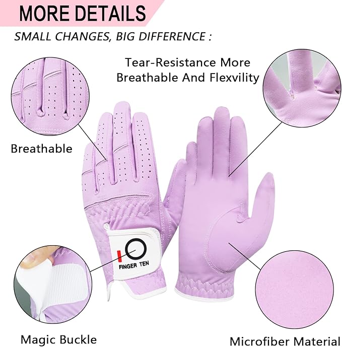 FINGER TEN Womens Ladies Golf Gloves Pair Both Hand or 2 Pack Left Right Hand, All Weather Grip & Comfortable Glove for Serious Performance, Stylish Pink White Fit S M L XL