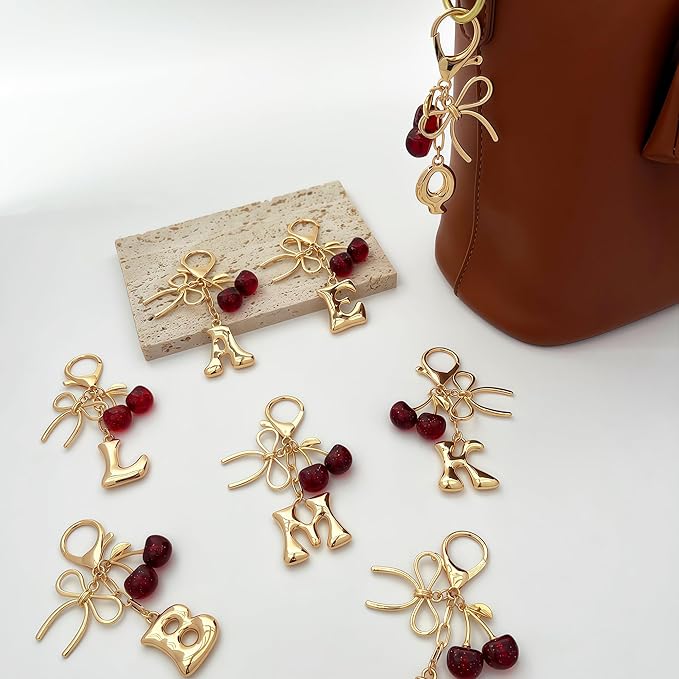 Gold Bubble Heart, Cherry, Bow & More Designs Letter Initial Keychain Bag Charms – Cute Purse Charms for Handbags