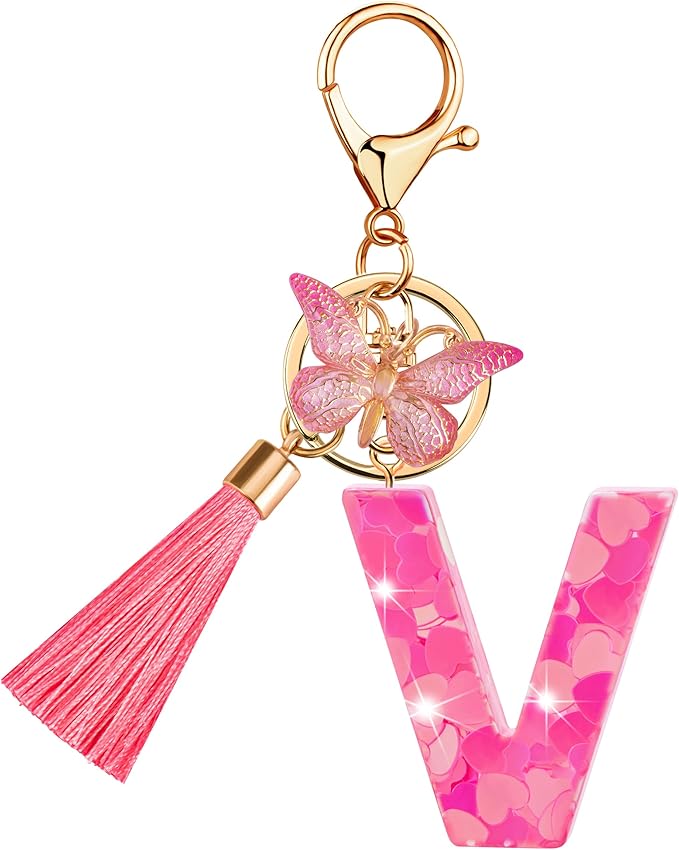 Suweibuke Colourful Cute Initial Letter Keychains for Women Girls with Tassel Butterfly, Charm for Purse Handbags Backpacks