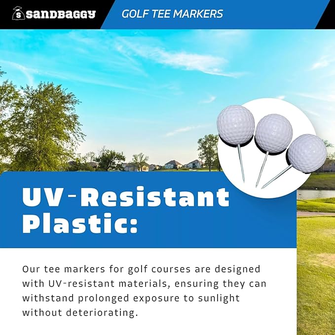 Sandbaggy Plastic Tee Markers for Golf Course (UV Resistant) - Steel Spike - Safety Caps Included