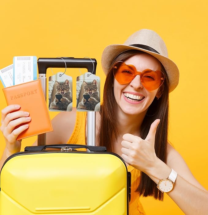 TSA Approved Luggage Tags for Suitcases Cat Phone 2 Pack Funny Leather Carnival Cruise Airport Cute Travel Name Tags Golf Bag tag Ships Essentials Privacy Cover ID Label for Women Men