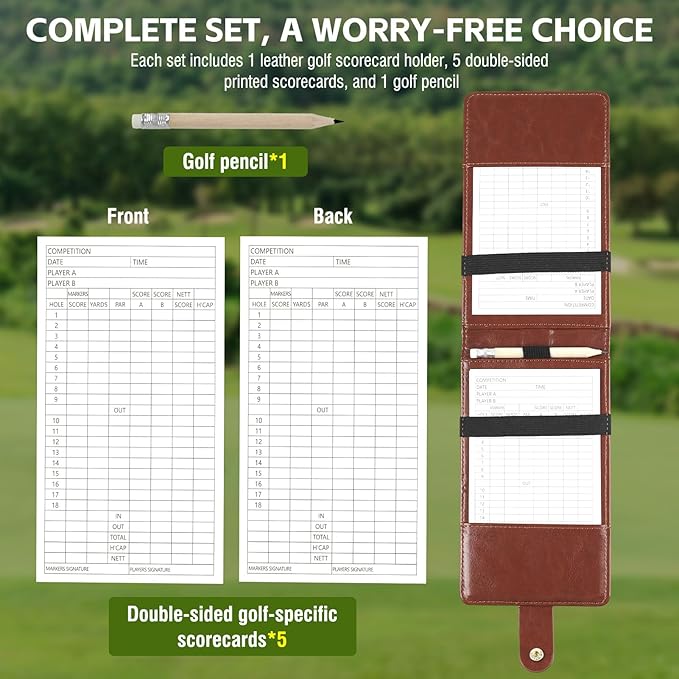 Archerest Magnetic Golf Scorecard Holder, 7.48" x 4.33" Premium Leather Yardage Book Cover Golf with A Pencil and Five Double Sided Printed Scorecards, Golf Accessories and Scorecard Book