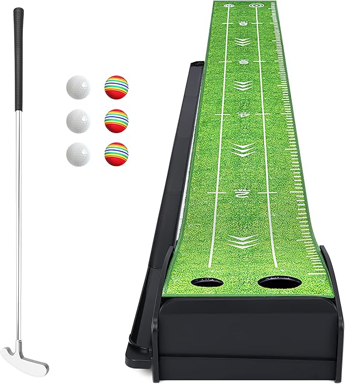 Golf Putting Green Indoor Putting Green Set with Putter & 6 Balls, Putting Practice Mat with Auto Ball Return System Suitable for Office, Backyard, Patio, Golf Gift for Men