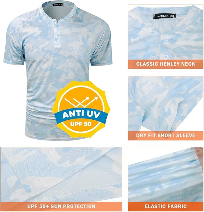 TAPULCO Mens Collarless Golf Shirts Short Sleeve Dry Fit Stretch Casual Breathable Lightweight Tshirts