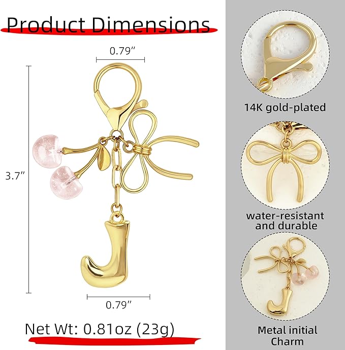Gold Bubble Heart, Cherry, Bow & More Designs Letter Initial Keychain Bag Charms – Cute Purse Charms for Handbags
