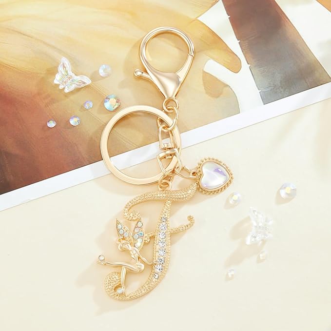 Gold Plated Alphabet Initial Letter Keyring Keychain for Women Girls Crystal Key Chains for Wallet Backpack Bag Charm