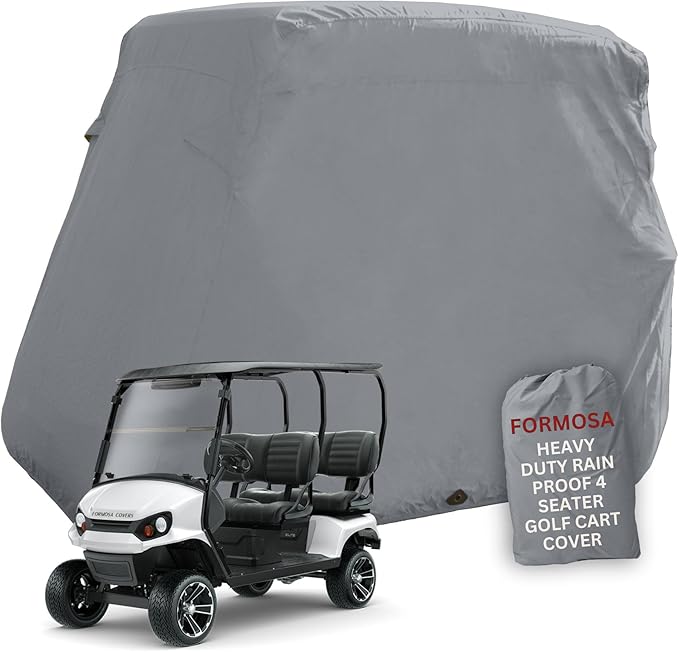 Formosa Covers Deluxe Golf Cart Cover 4 Passenger Extended Roof Premium Golf Cart Accessories All Weather fits 80" Roof 112" L Body EZGO, Club Car, Evolution, Yamaha G, GEM e2 - Grey