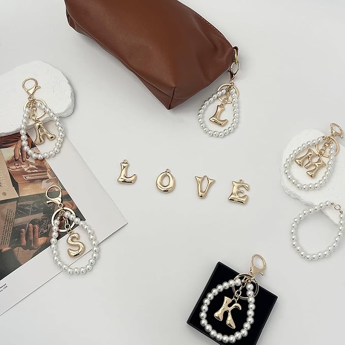 Gold Bubble Heart, Cherry, Bow & More Designs Letter Initial Keychain Bag Charms – Cute Purse Charms for Handbags
