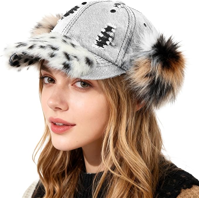 PURFUN Women Vintage Denim Baseball Caps with Fuzzy Faux Fur Pompoms & Brim, Large Brim Visor Caps Adjustable Peaked Sun Hat