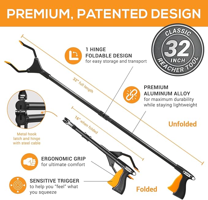 EZPIK Classic 32" Flexible Folding Grabber Tool for Elderly + Magnets, Reacher for Disabled & Seniors Heavy Duty Rotating Grippers for Reaching Underneath, Trash Grabbers & Pickers for Mobility
